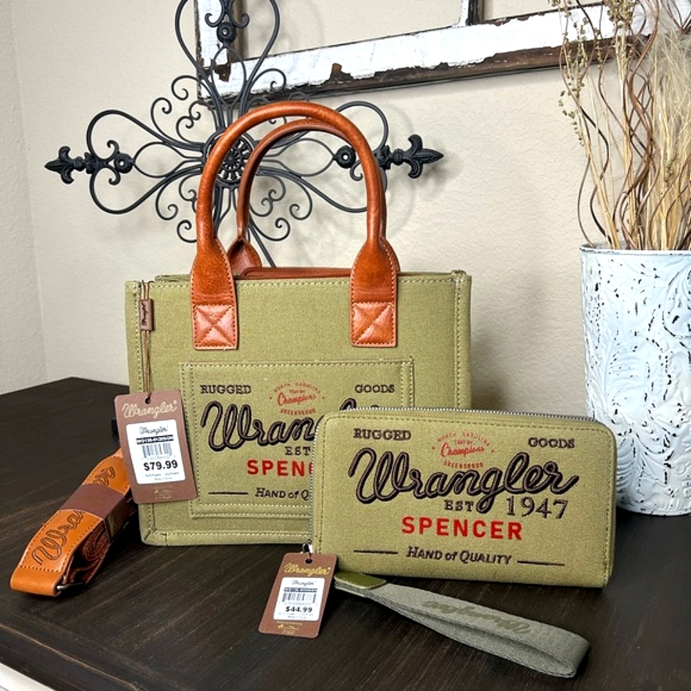NEW Olive Green Wrangler Mini Tote Crossbody Strap and Matching Wristlet Wallet